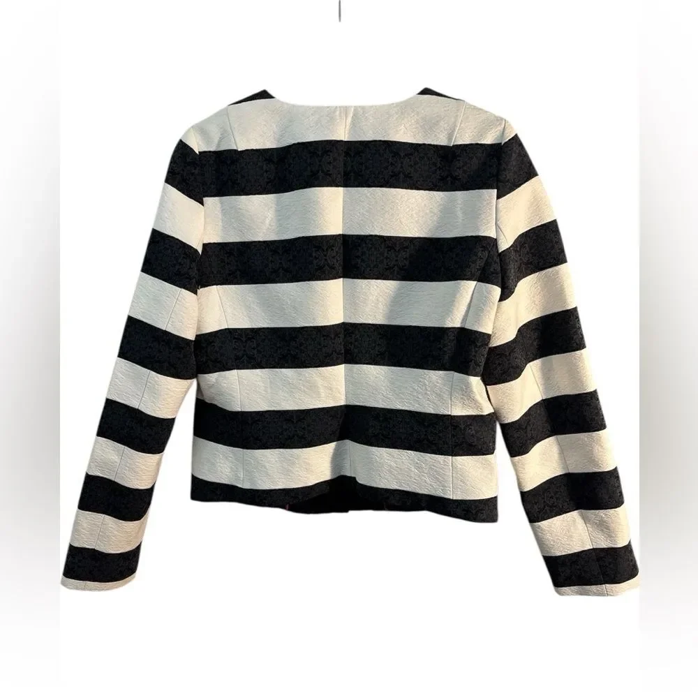 Banana Republic Black White Woven Striped Scalloped Blazer Career Sz 12 Parisian